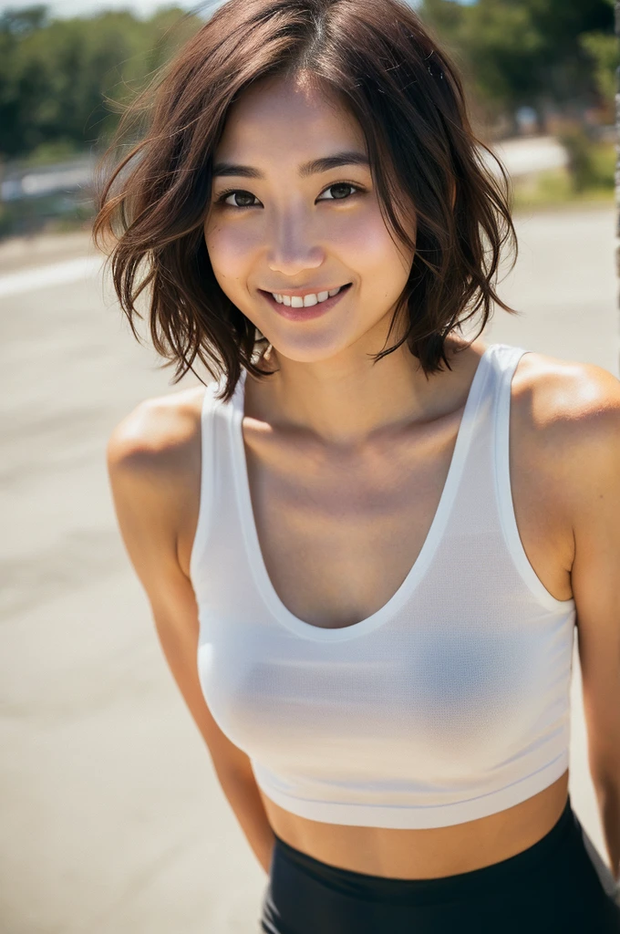 You are a professional photographer。future、Beautiful Eyes、 ((Highest quality)), Clear contours, Woman with beautiful face, (((One Girl,alone))), ((Beautiful Eyes)), Sex Appeal,Albedo and Specular Maps、Accurate simulation of lightweight material interactions、Wearing a tank top, Wearing leggings、Light Smile、perfect body、Isoyama Sayaka,Thighs、Short Hair、Nipples、valley