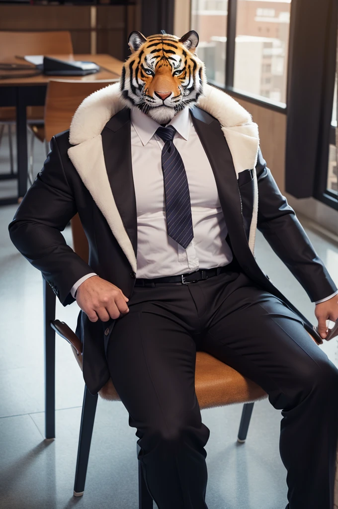 there is a man in a tiger mask sitting on a chair, (sfw) safe for work, commission for high res, thicc, winston from overwatch, fluffy chest, rendered in sfm, high detailed official artwork, gigachad muscular, robust stocky body, beefy, in his suit, official art, perfectly shaded body, low detailed. digital painting