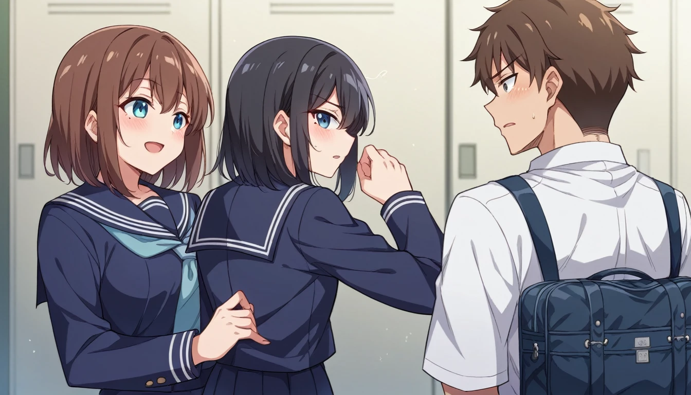Portrait、512、High School Girl A(Medium hair with black hair、Canine、Tear mole on left eye、White and navy blue sailor suit、holding school bag in hand、Looking back at the high school boy)、High School Boy B(Brown Hair、High School Girl Aより背が高い、Navy blue blazer、Checked trousers、back)、On the way home at dusk