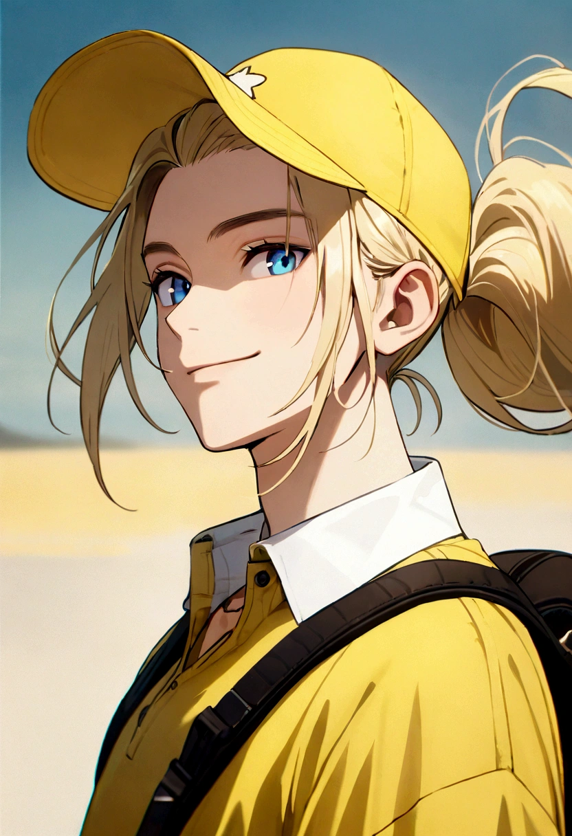 male with long blond hair tied back, blue eyes, smiling, wearing a yellow and white baseball cap, yellow polo shirt, white collar, black belt, black backpack