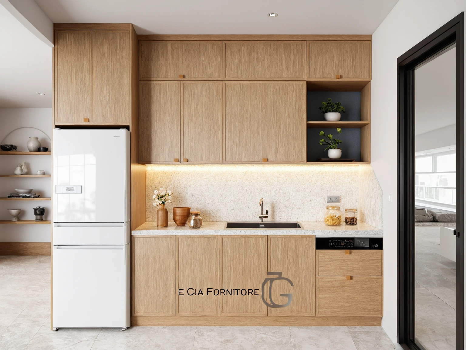 Interior Design, kitchen room, (minimalist style:1.2), (minimalist interior space), (minimalist furniture design), (space that realistically describes the minimalist interior of a townhouse), (Warm LED 4000k white tone, Clean and comfortable, timeless, making the space appear clear), (mable floors), (black refrigerator), (hidden light), (circle spotlight), (indoor), (neutral white tone color), (white wall), (An Cuong Wooden Furniture minimalist Style), (An Cuong wood with MDF surface glued with melamine coating), (architectural design visualization), (reflection), (focus on object), (material normal bump real reflection), (multi-level reflection), (chao vantage software visualization render),(((Best Quality))), ((Masterpiece)), ((best illustration)), ((best shadows)), (( Super Detail)), (Intricate lines), (Photorealism),(hyper detail), ((archdaily)), ((award winning design)), (dynamic light), (perfect light), ( shimering light), ((photorealistic)), ((intricate detail)), ((extreme detail)), ((crazy detail)), ((octane render)), ((trending on artstation)), ((High- fidelity)), ((Viwvid)), ((Crisp)), ((Bright)), ((Stunning)), ((Eye-catching)), ((High-quality)),((Sharp)), ((day sun environment)), ((Illuminating)), ((Flawless)), ((High-quality)),((Sharp edge render)), ((medium soft lighting)), ((photographic render)) , ((detailed archviz)), ((reality environment)), (level of photo realism, depends on lighting, materials, composition, Real-Time Rendering, based on chao vantage timage rendering graphics software)