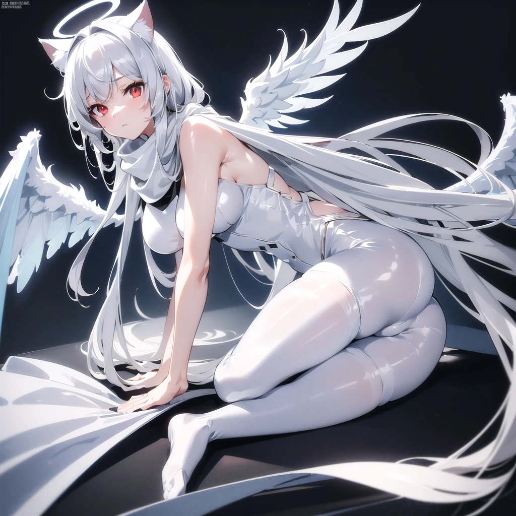 masterpiece, highest quality, highest resolution, clear_image, detailed details, White hair, long hair, cat ears, one girl, red eyes, white pantyhose, sci-fi military clothing, white scarf (with a light blue glow), gray futuristic halo (gray halo over the head), white wings (4 wings), cute, full body, no water marks