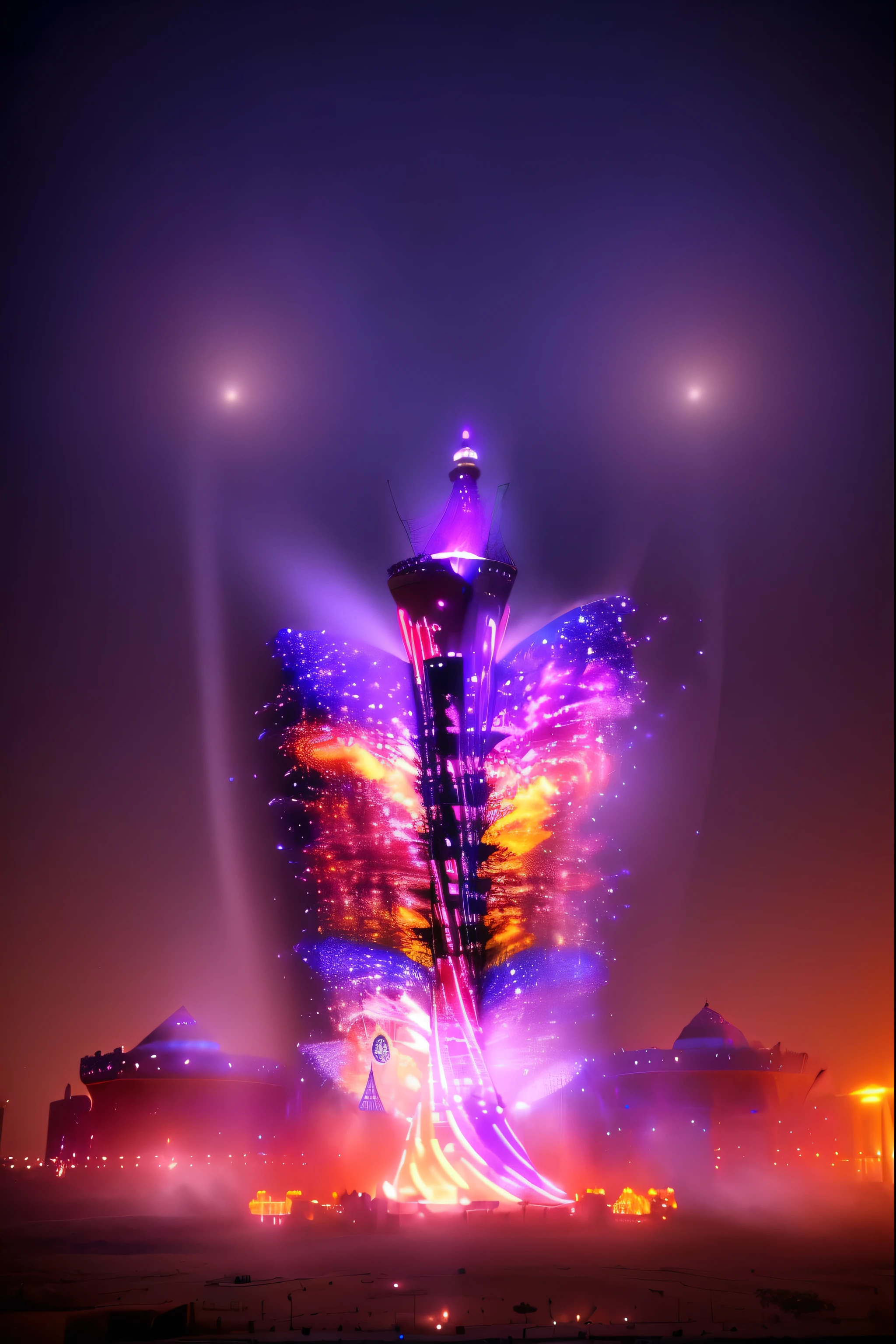 Arafeh Tower with clock and fireworks in the night sky, Psychedelic visuals, attractions, Futuristic Tower, Light Show, Tesla Coil, amusement park, Ferris wheel, an amusement park in old egypt, Inspired by Bruce Munro, amusement park interior design, YouTube video screenshot, With 3D rendering, With 3D rendering