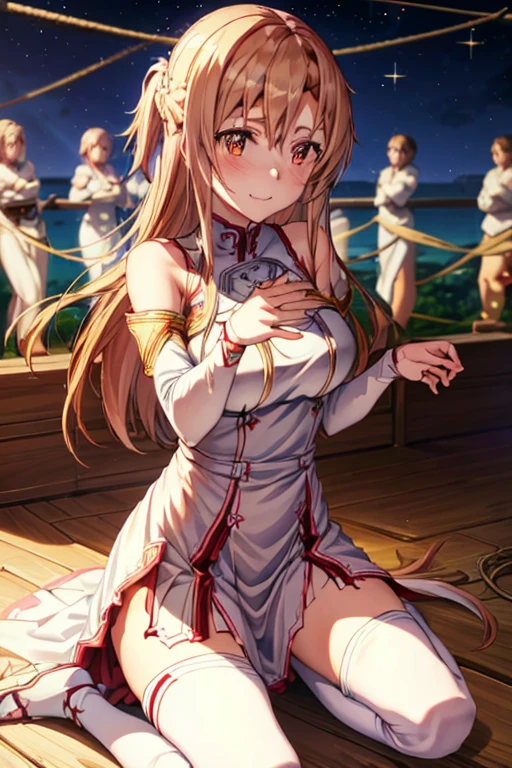 A captivating wallpaper of As Yuuki, Sword Art Online Heroine, Carefully crafted. (Highest quality, High resolution: 3000x3000 pixels)
One character, As Yuuki, Virtual Reality Suit, Long straight blonde hair with bangs, Blue eyes sparkling with determination, Her plump lips are slightly parted in a smile, Moderate: Digital Art, Vibrant colors, High resolution, Cinema Lighting, Ultra-fine detail, Sharp focus, Physically Based Rendering, Very detailed explanation.
((Both hands tied with rope)), (Costume cut into pieces by sword)、Bleeding from a wound、On one knee、Crippling、There are many scratches、The enemy is using tentacles to steal your life force,Ladder binding,