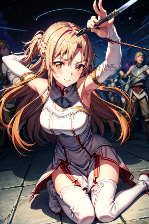 A captivating wallpaper of As Yuuki, Sword Art Online Heroine, Carefully crafted. (Highest quality, High resolution: 3000x3000 pixels)

One character, As Yuuki, Virtual Reality Suit, Long straight blonde hair with bangs, Blue eyes sparkling with determination, Her plump lips are slightly parted in a smile, Moderate: Digital Art, Vibrant colors, High resolution, Cinema Lighting, Ultra-fine detail, Sharp focus, Physically Based Rendering, Very detailed explanation.

((Both hands tied with rope)), (Costume cut into pieces by sword)、Bleeding from a wound、On one knee、Crippling、There are many scratches、The enemy is using tentacles to steal your life force,Ladder binding,