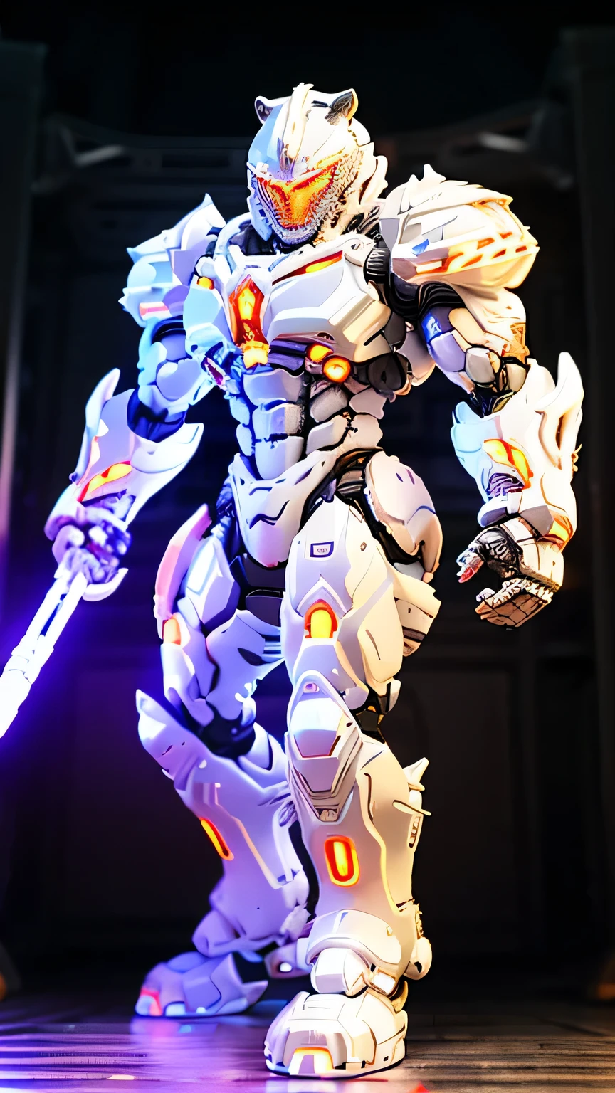 Future Hell Tiger, White mechanical armor, Muscular body,whole body,Holding a glowing saber