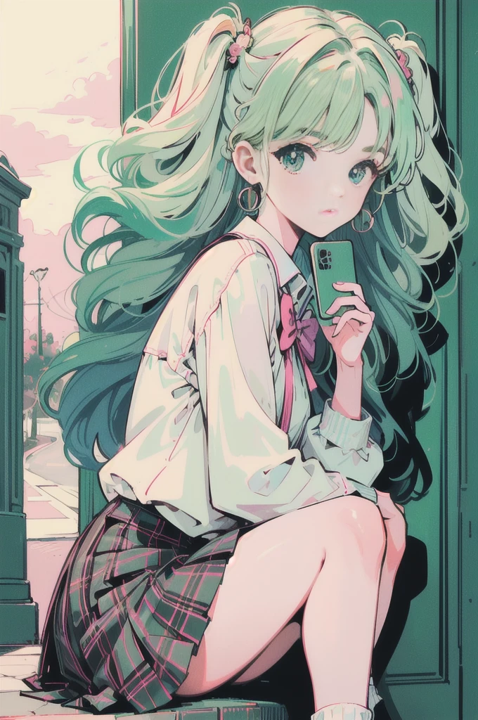 Volume hair, soft hair, emerald green hair and pink inner color, wavy hair, gradation hair, green hair, side braids, wavy hair, two side up, cloud hair, emerald green eyes, high school girl, Cheerful and active, blonde clip, loose socks, plaid skirt, holding smartphone, on the street, (best) quality, 4K, 8K, high resolution, masterpiece: 1.2), ultra-definition, bright colors, soft lighting