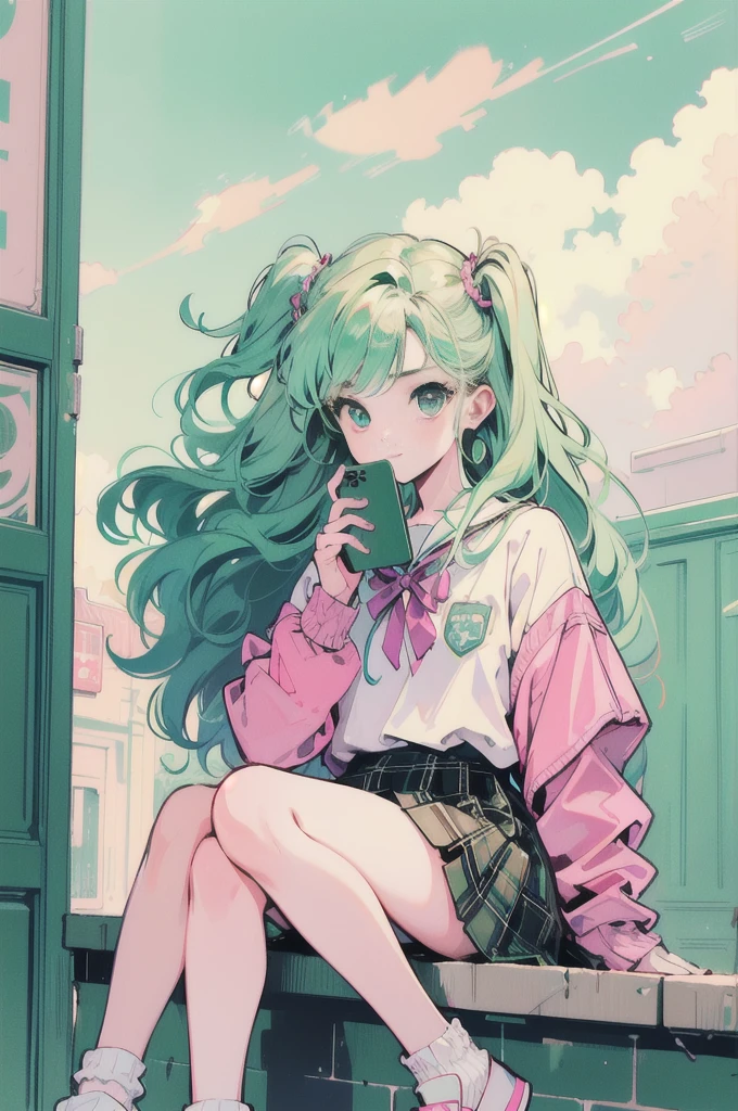 Volume hair, soft hair, emerald green hair and pink inner color, wavy hair, gradation hair, green hair, side braids, wavy hair, two side up, cloud hair, emerald green eyes, high school girl, Cheerful and active, blonde clip, loose socks, plaid skirt, holding smartphone, on the street, (best) quality, 4K, 8K, high resolution, masterpiece: 1.2), ultra-definition, bright colors, soft lighting