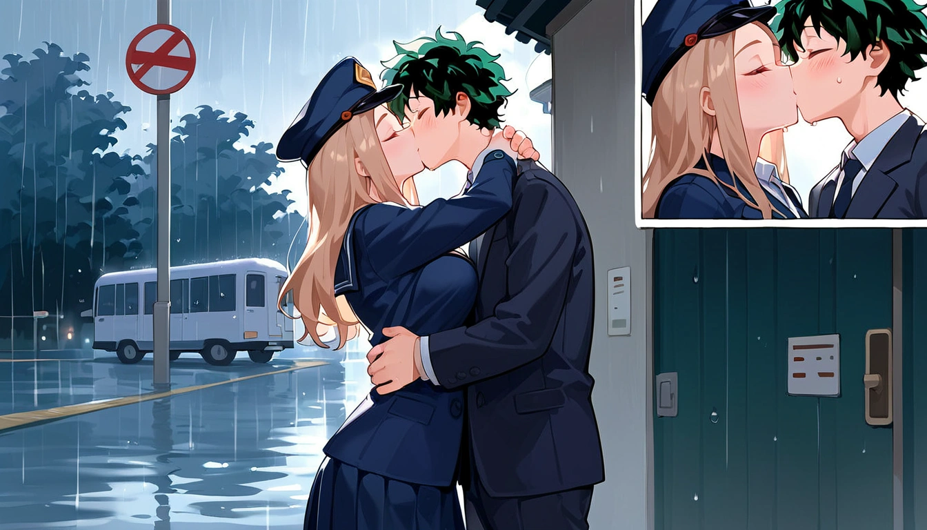 anime artwork, score_9, score_8_up, score_7_up, score_6_up, score_5_up, score_4_up, r,Camie Utsushimi, light brown hair, dark brown eyes,, breasts, , big breasts,  (school uniform:1.2), standing, cap, she is 24 years old,   wet whirt, ,horny, , , ,  style_3, 1boy, Izuku Midoriya,  kissing, at the bus stop, outdoors, raining,  blush, wet, dark atmoshpere,  closed eyes, They are completely soaked, evening, gaps in the clouds, his hands on her hips, hugging, close-up