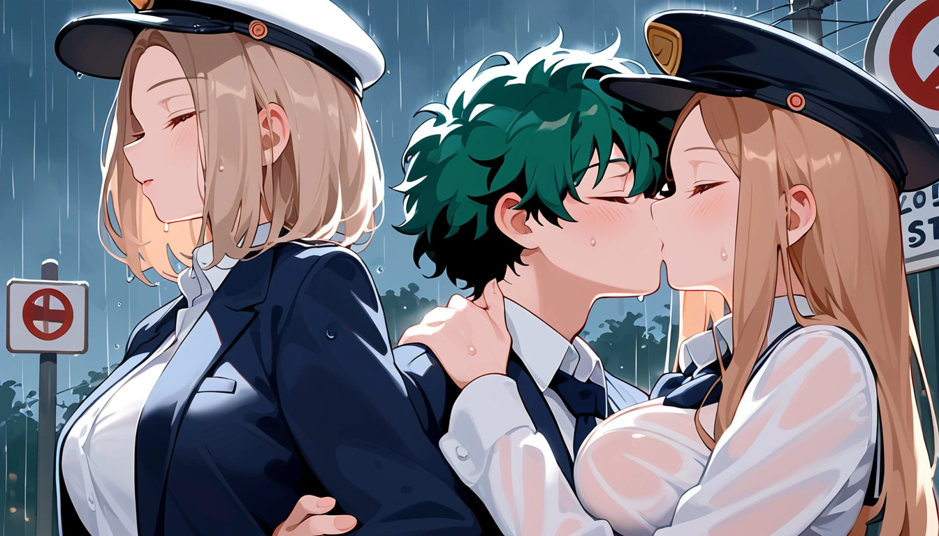 anime artwork, score_9, score_8_up, score_7_up, score_6_up, score_5_up, score_4_up, r,Camie Utsushimi, light brown hair, dark brown eyes,, breasts, , big breasts, (school uniform:1.2), standing, cap, she is 24 years old, wet whirt, ,horny, , , , style_3, 1boy, Izuku Midoriya, kissing, at the bus stop, outdoors, raining, blush, wet, dark atmoshpere, closed eyes, They are completely soaked, evening, gaps in the clouds, his hands on her hips, hugging, close-up