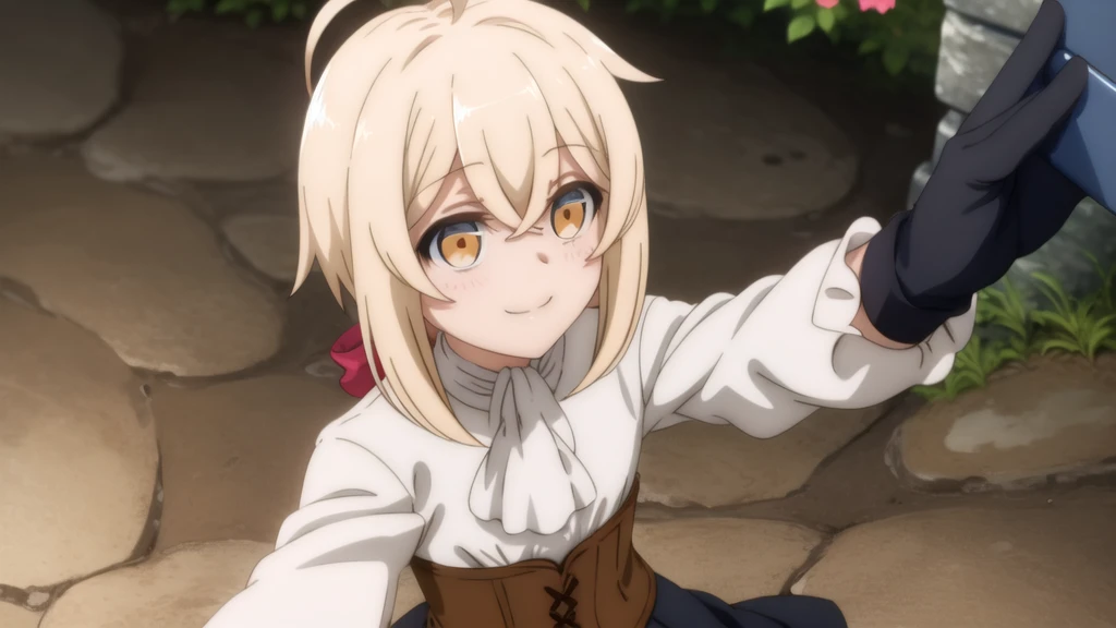 One girl, (masterpiece:1.3), (High resolution), (8K), (Very detailed), (4K), (Pixiv), Perfect Face, Beautiful eyes and face, (Highest quality), (Very detailed), Detailed face and eyes, (alone), Textured skin, Absurd, High resolution, Arisazu, Orange eyes, Black gloves, Very long hair, Blonde, Red Hairband, Black Skirt, White shirt, Long sleeve, White Ascot, Ahoge, corset, Frills, (throw:1.2), (Selfie:1.2), smile, blush, Outdoor, nature, wood, flower, rock