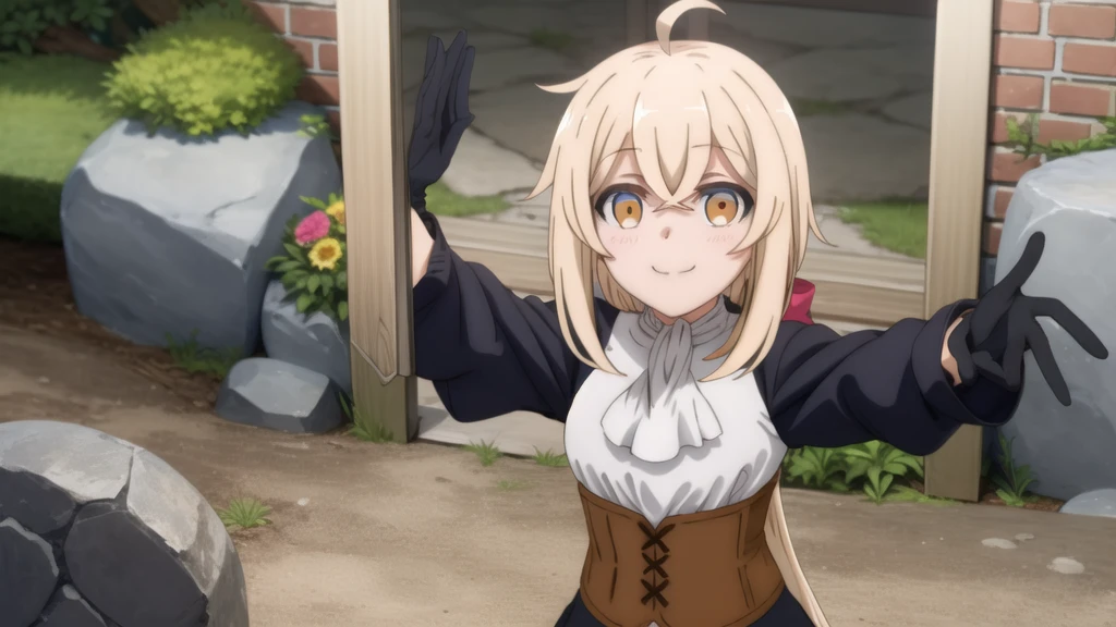 One girl, (masterpiece:1.3), (High resolution), (8K), (Very detailed), (4K), (Pixiv), Perfect Face, Beautiful eyes and face, (Highest quality), (Very detailed), Detailed face and eyes, (alone), Textured skin, Absurd, High resolution, Arisazu, Orange eyes, Black gloves, Very long hair, Blonde, Red Hairband, Black Skirt, White shirt, Long sleeve, White Ascot, Ahoge, corset, Frills, (throw:1.2), (Selfie:1.2), smile, blush, Outdoor, nature, wood, flower, rock