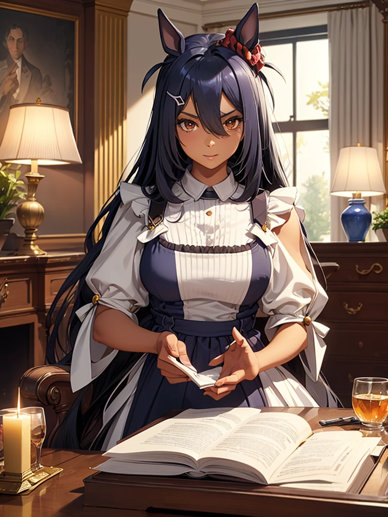 (masterpiece、top-quality、hight resolution、Unity 8k Wallpaper、extremely details CG:1), An illustration depicting a typical day in a wealthy aristocratic mansion, featuring a young elementary school-aged girl and her devoted nursemaid, who has now become her personal maid. The young lady is dressed in an elegant, classic aristocratic outfit, reflecting her privileged upbringing. The nursemaid-turned-maid is dressed in a traditional maid uniform, appearing both nurturing and professional. They are seen engaging in everyday activities within the opulent surroundings of the mansion, such as the grand living room with luxurious furnishings, large windows with heavy drapes, and a lavish garden visible outside. The scene captures the close bond and care between the young girl and her maid in a sophisticated yet warm atmosphere. Hishi Amazon (umamusume)