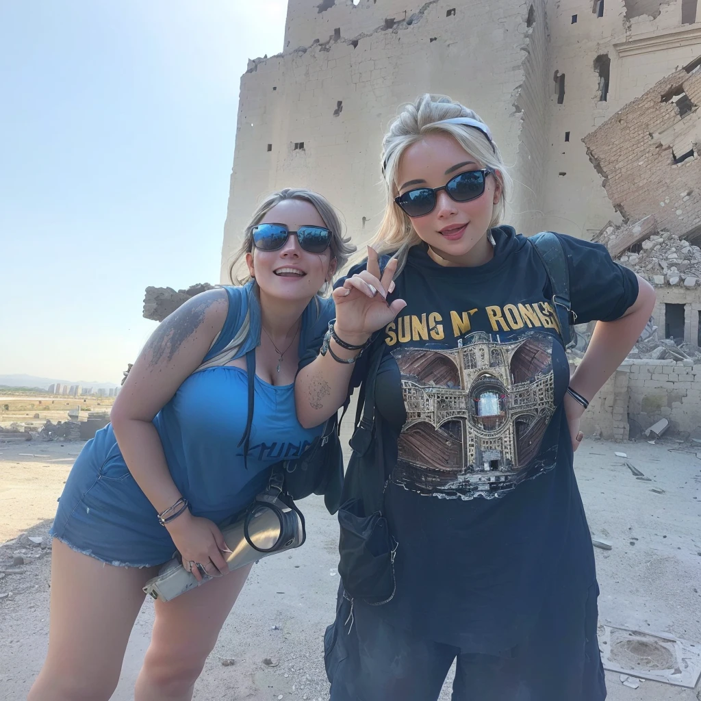 there is a slim young woman with big breasts standing next to each other, in front of a ruined city, ruins in the background, posing in front of bombed city, tourists in background, with a castle in the background, wearing dirty travelling clothes, with towers, happy!!!, by Robert Zünd, standing before ancient ruins, at an ancient city, very very low quality picture