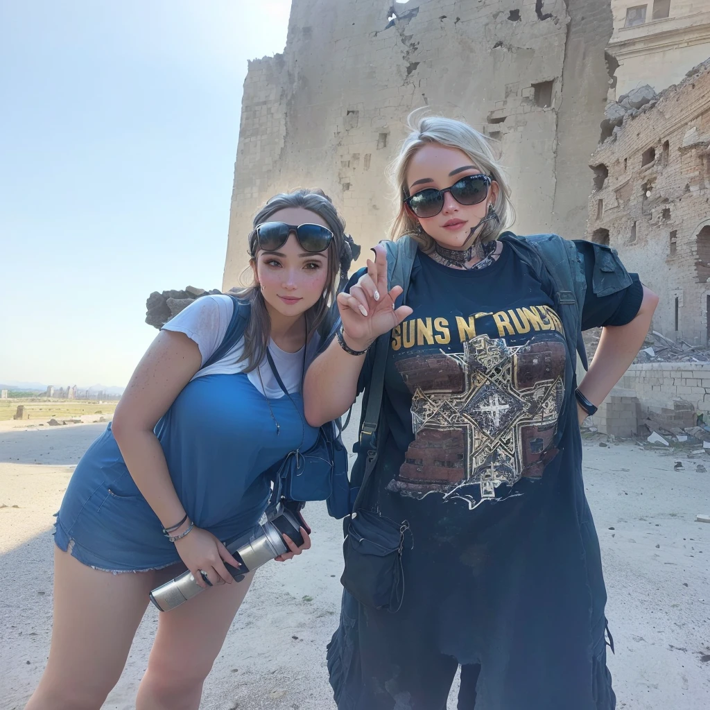there is a slim young woman with big breasts standing next to each other, in front of a ruined city, ruins in the background, posing in front of bombed city, tourists in background, with a castle in the background, wearing dirty travelling clothes, with towers, happy!!!, by Robert Zünd, standing before ancient ruins, at an ancient city, very very low quality picture