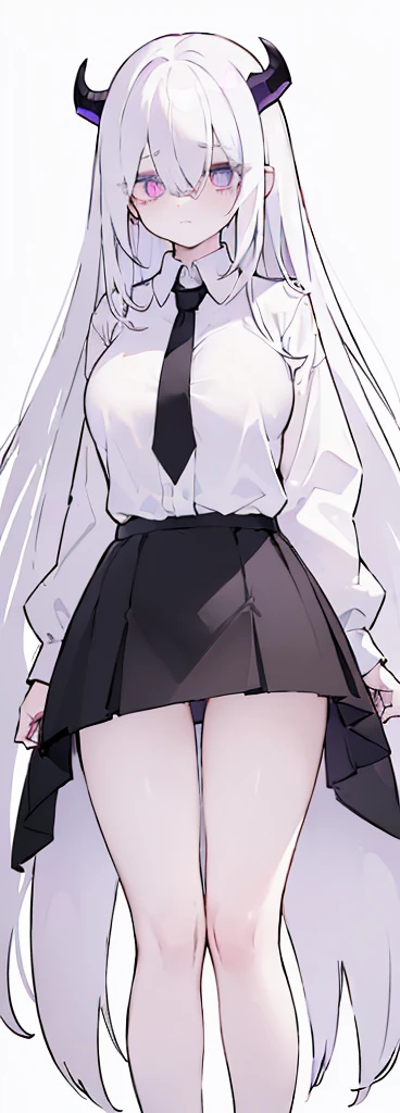 (((Long White hair))),White hair,kawai,(((Eyes visible from bangs,hair over eyes:1.3))),,Huge breasts,(purple color eyes),,(purple slanted eyes),1girl in,bangs,long White hair, pantyhose,Cowboy Shot,white background,Straight hair hair,(On both sides of the head has sharp black devil horns) ((head bowed pose)) Ter's hair flows straight down, has two sharp black horns (slant purple eyes) (((wearing a perfect white shirt))) white shirt sleeves should be folded to the elbows ((Don't wear any ties (wear a long black skirt, both sides of the skirt are split The other two sides of the skirt are split (showing her bare thighs) Long black skirt split at the thighs, perfect white shirt, no accessories like a tie (sexy body) Bare thighs without wearing any socks