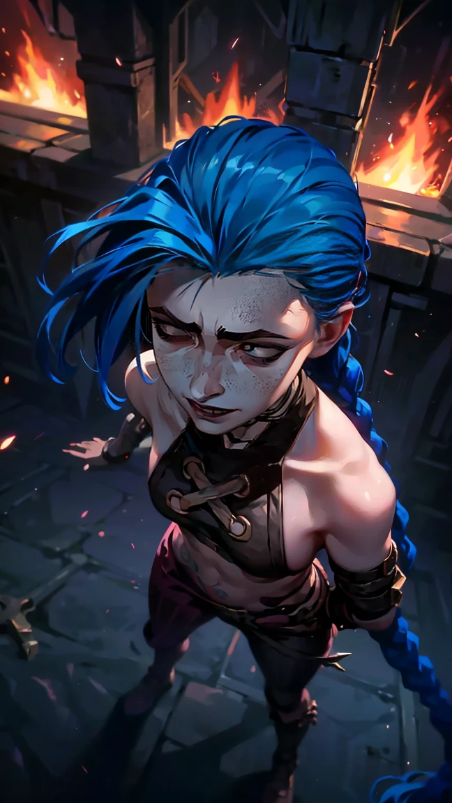 (masterpiece, Best quality), 1 girl, portrait, very sexy, crazy look, smile, crying, pink tears, tears on the cheeks, tears from eyes, full length (full body 1.1.), очень feminine, fighting stance, battle, fire, explosions, burning city, Beautiful waist, gloomy composition, flame, fire, Flash, very beautiful, feminine, long hair, hair braided in long braids, very sexy, tight leather pants, emphasis on the eyes, face accent, Beautiful face, Hands, Hair, Haired ponytail, red purple eyes, Джинкс crying, Blue cloud tattoo, (masterpiece, Best quality), Side lighting, beautiful detailed eyes, crazy face), (Best quality), (masterpiece), magic photography, Spectacular lighting, Photorealism, ultra detailed, интимная portraitная композиция, 1. 4,8 k UHD, aesthetic, Cd., A high resolution, 8 k, better lighting, Best shade, Ultra-HD, A high resolution, sharp focus, Complex background, Cinematic lighting, ((Landscape view)), 4K block, (better lighting), ((Cinematic lighting)),