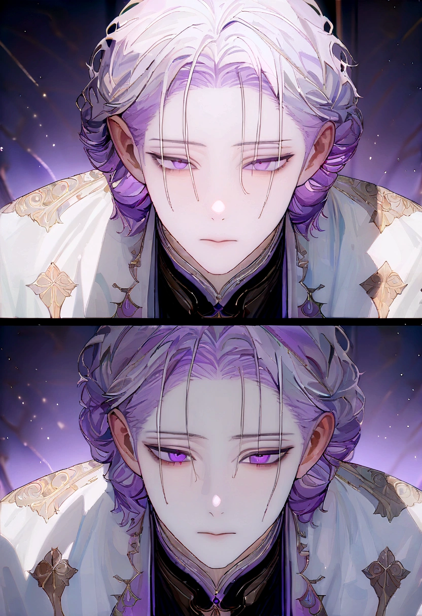 (extreamly delicate and beautiful:1.2), 8K,(masterpiece:1.0),(best_quality:1.0), 1boy, and intricate detailing, Enlarged textures, and intricate detailing, lilac short hair, (closed mouths), Perfect eyes, Equal eyes, lilac purple eyes (A male god) , White hair, purple eyes and working as a doctor