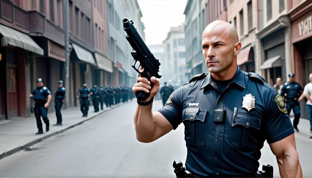 Create a bad-looking, handsome bald police officer, muscle xom gun in hand on the streets hunting thief,8K, Ultra realistic photo, cinematographic