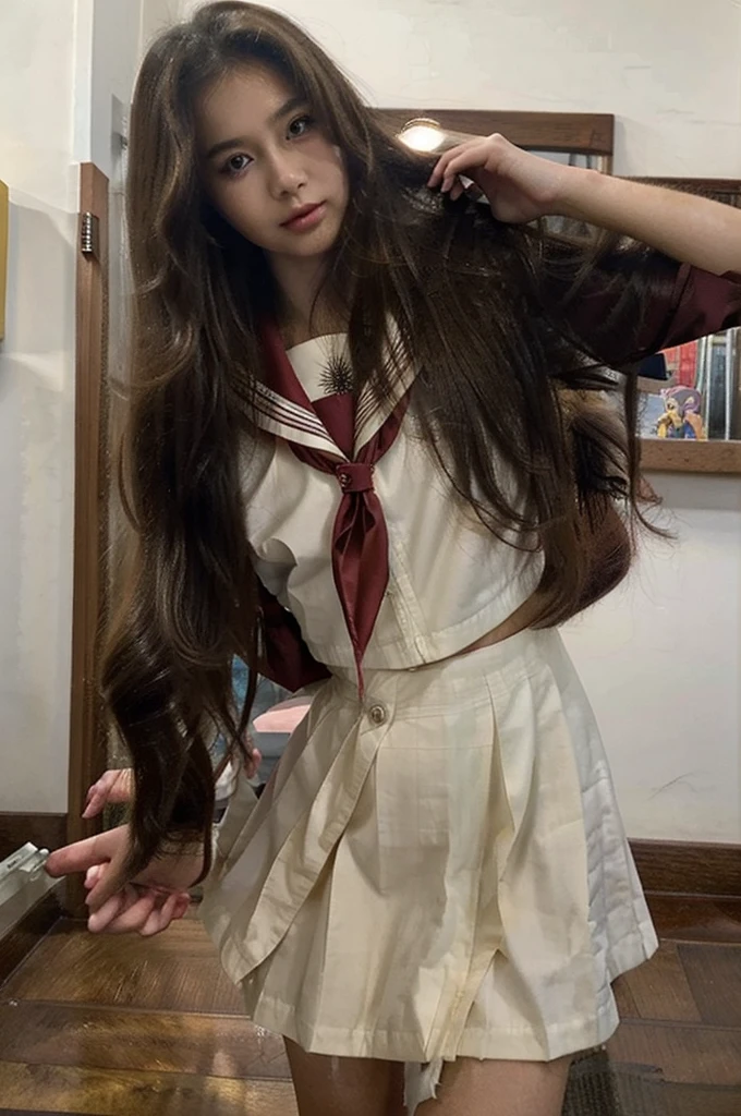 sexy clothes,beautiful, masterpiece, best quality, A girl with long brown hair, has brown eyes with long eyelashes, her cheeks are natural red, she is wearing a sexy , full body, uniform japanese girl school
