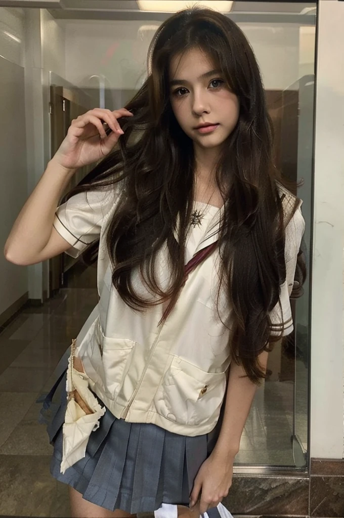 sexy clothes,beautiful, masterpiece, best quality, A girl with long brown hair, has brown eyes with long eyelashes, her cheeks are natural red, she is wearing a sexy , full body, uniform japanese girl school
