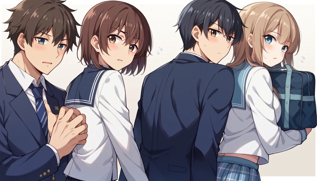 Portrait、512、Two men and women、High School Girl A(Medium hair with black hair、Canine、Tear mole on left eye、White and navy blue sailor suit、holding school bag in hand、Looking back at the high school boy)、High School Boy B(Brown Hair、High School Girl Aより背が高い、Navy blue blazer、Checked trousers、back)、On the way home at dusk