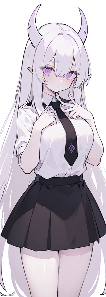 (((Long White hair))),White hair,kawai,(((Eyes visible from bangs,hair over eyes:1.3))),,Huge breasts,(purple color eyes),,(purple slanted eyes),1girl in,bangs,long White hair, pantyhose,Cowboy Shot,white background,Straight hair hair,(On both sides of the head has sharp black devil horns) ((head bowed pose)) Ter's hair flows straight down, has two sharp black horns (slant purple eyes) (((wearing a perfect white shirt))) white shirt sleeves should be folded to the elbows ((Don't wear any ties (wear a long black skirt, both sides of the skirt are split The other two sides of the skirt are split (showing her bare thighs) Long black skirt split at the thighs, perfect white shirt, no accessories like a tie (sexy body) Perfect hand pose , The skirt color focuses on black
