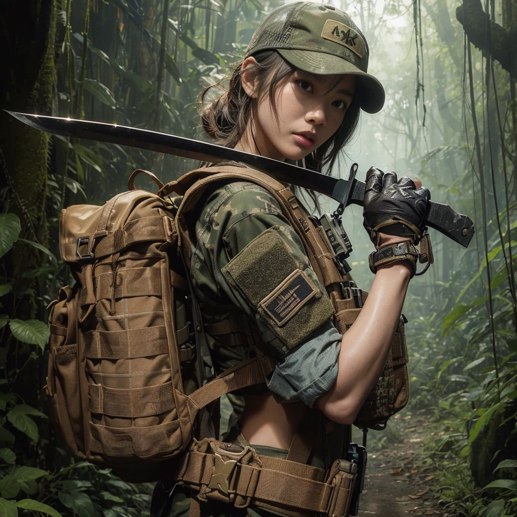 8K,realistic photo、realistic skin texture、A beautiful Japanese woman belonging to the American military is in the jungle.、bulletproof vest、、with caution、Backpack、wearing a baseball cap、Proceed while mowing down Vine with a large machete、moving action pose、、Dramatic and bold composition、、Zoom out