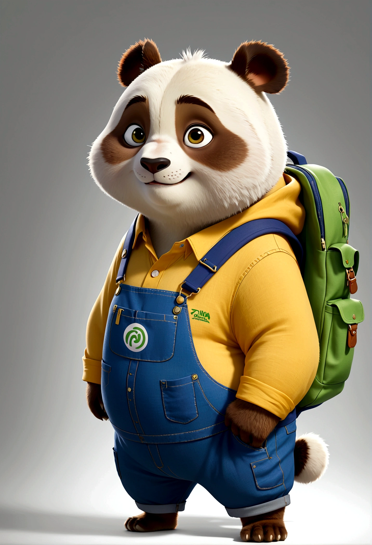 独奏,Wearing yellow shirt and blue overalls,Carrying a small school bag,The panda stood,Chubby, Zootopia style, movie Features, Zootopia movie style, Zootopia style, looking heckin cool and stylish, in Zootopia style, 迪士尼疯狂Zootopia style, mob_Features Panda stylized, 拟人化的Chubby熊猫, Multiple poses and expressions, 4 positions, whole body, White background, Shorty