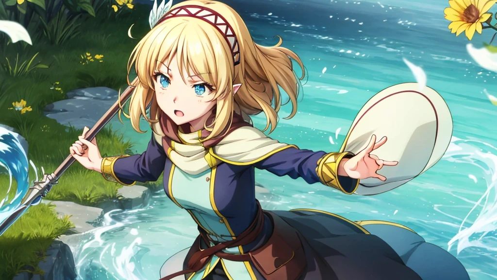 Anime girl holding flowers, Cute anime waifu in a nice dress, In a dress, I deny that, Official Art, Anime Princess, , Beatrice Blue, Zerochan Art, Royal elegant pose, Official Artワーク, Splash art anime , irritating, Kshat Krentz Key Art Female, Detailed fan art, Beautiful teenage girl, , One girl, Cayna, Blonde, short hair, blue eyes, hair ornaments, Very pointy ears