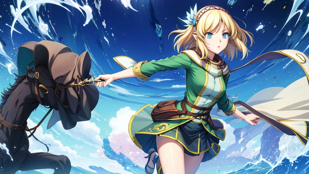 Anime girl holding flowers, Cute anime waifu in a nice dress,  In a dress, I deny that, Official Art, Anime Princess, , Beatrice Blue, Zerochan Art, Royal elegant pose, Official Artワーク, Splash art anime , irritating, Kshat Krentz Key Art Female, Detailed fan art, Beautiful teenage girl, , One girl, Cayna, Blonde, short hair, blue eyes, hair ornaments, Very pointy ears