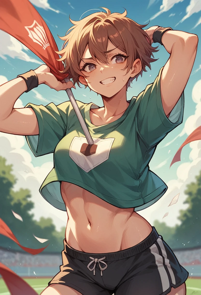 Short haired Guera woman playing flag football