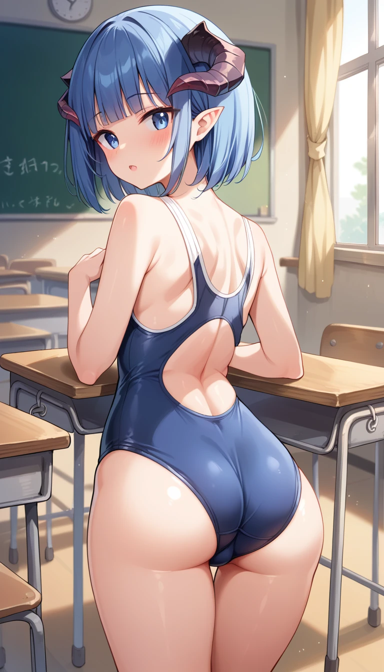 1girl, solo, looking at viewer, blush, short hair, open mouth, bangs, blue eyes, bare shoulders, blue hair, standing, swimsuit, ass, thighs, cowboy shot, horns, looking back, indoors, blunt bangs, from behind, :o, one-piece swimsuit, bare arms, school swimsuit, demon horns, desk, blue one-piece swimsuit, classroom, school desk, chalkboard