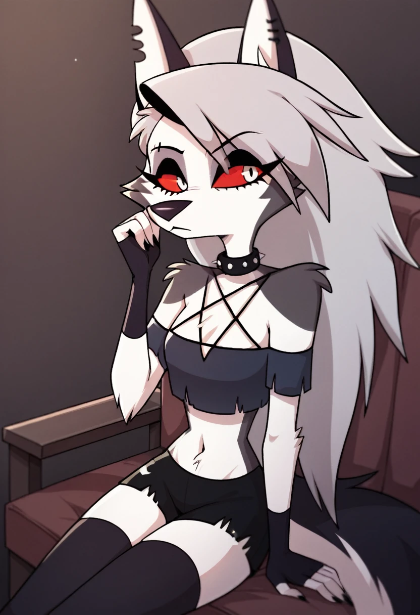 score_9, score_8_up, BREAK, source_anime, (1girl, solo), uncensored, perfect body, slim, thigh highs, fingerless gloves,
anthro, furry, (bored, crop top, shorts, sitting:1.2),
Loona \(Helluva Boss\),