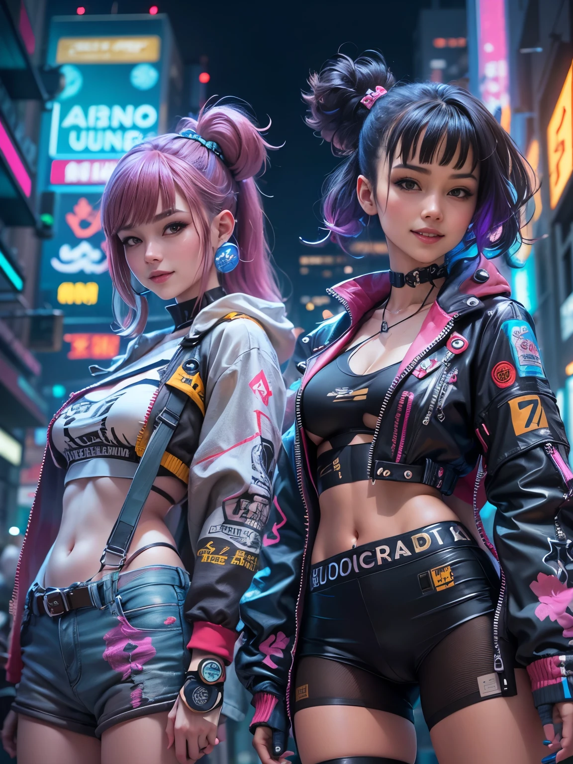 masterpiece, best quality, 2 ((Smile)) Cyberpunk 2077,,Girls standing together, Harajuku-style cyberpunk body harness, Bold Colors and Patterns, Eye-Catching Accessories, Stylish and novel hairstyle, Dazzling cyberpunk cityscape, Skyscraper, Glowing neon lights, LED 灯, Anime Illustrations, Delicate skin texture, Detailed fabric texture, Beautiful and delicate face, Intricate details, Extremely detailed, light, Strong contrast.