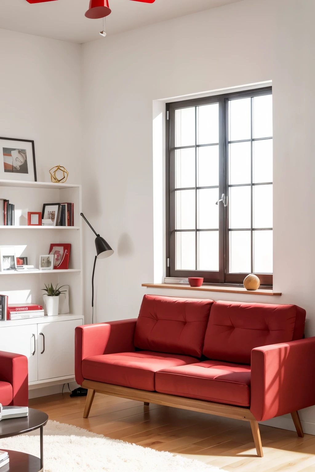Small living room with white wall, Light wooden floor, Red couch, large windows with a cheerful and sophisticated atmosphere