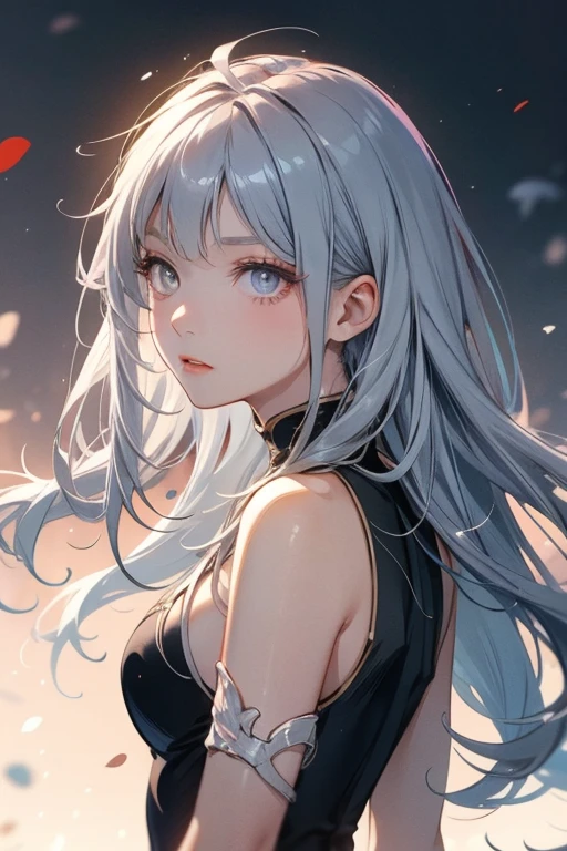 young six year old girl with long grey hair, grey eyes and has an apathetic expression