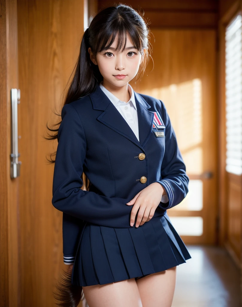 best quality, face focus, soft light, ultra high res, (photorealistic:1.4), RAW photo,(small smile:0.4),
1japanese girl, solo, cute, (pupil, lights in the eyes), detailed beautiful face, (small chest),(high resolution detail of human skin texture),
(midi hair),
indoor,
(navy school uniform:1.6),
(upper thigh:1.6)