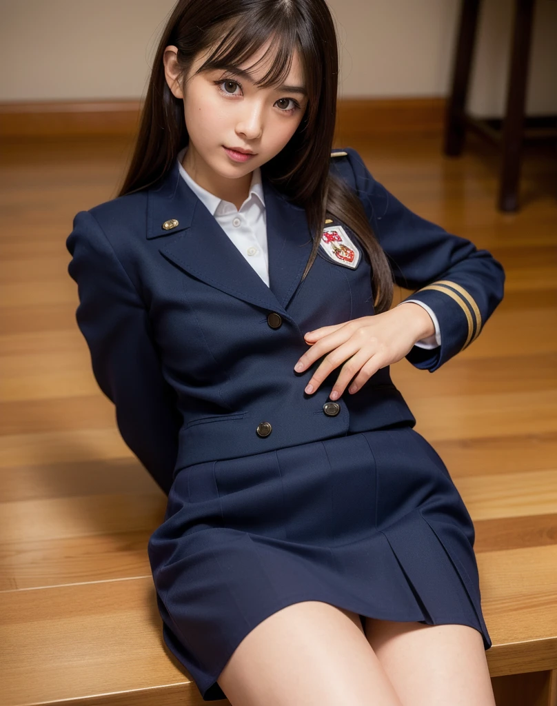 best quality, face focus, soft light, ultra high res, (photorealistic:1.4), RAW photo,(small smile:0.4),
1japanese girl, solo, cute, (pupil, lights in the eyes), detailed beautiful face, (small chest),(high resolution detail of human skin texture),
(midi hair),
indoor,
(navy school uniform:1.6),
(upper thigh:1.6)