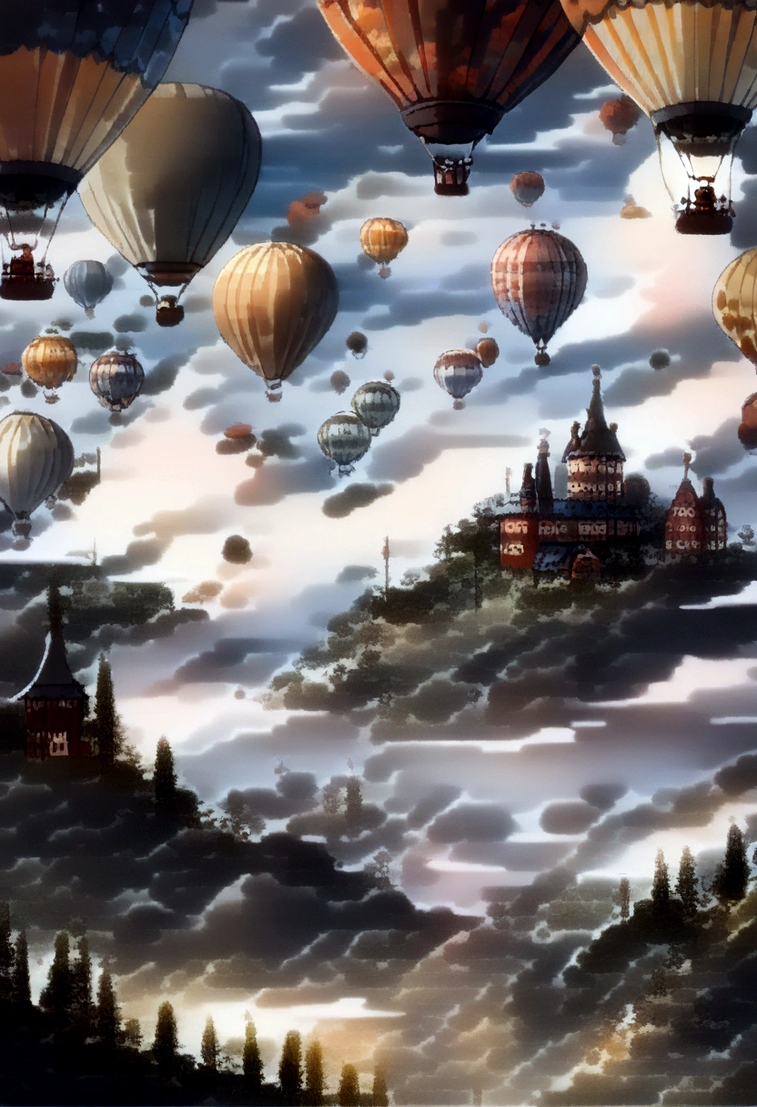 Fantastic landscape, Nausicaa, Hot air balloon with many ropes connected to the ground, (Uneven terrain:1.6), (Multicolored fungal house restored: 1.2), (Fluffy bushes: 1.1), Discharge, Cumulonimbus, Cirrus, Thick silhouette, Pointed silhouette, Extreme Detail, 8K, Ultra-high resolution, Film Grain, Colorful painting