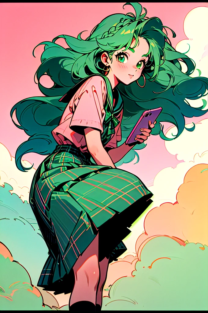 Volume hair, soft hair, emerald green hair and pink inner color, wavy hair, gradation hair, green hair, side braids, wavy hair, two side up, cloud hair, emerald green eyes, high school girl, Cheerful and active, blonde clip, loose socks, plaid skirt, holding smartphone, on the street, (best) quality, 4K, 8K, high resolution, masterpiece: 1.2), ultra-definition, bright colors, soft lighting