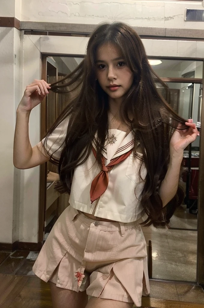sexy clothes,beautiful, masterpiece, best quality, A girl with long brown hair, has brown eyes with long eyelashes, her cheeks are natural red, she is wearing a sexy , full body, uniform japanese girl school sexy, medium breast