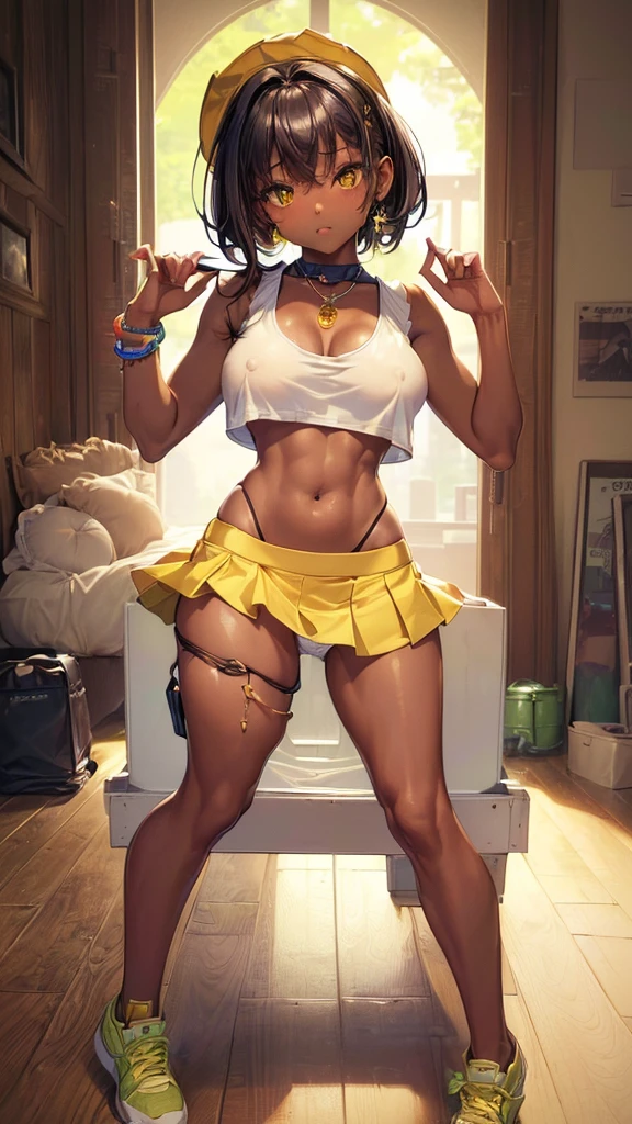 (masterpiece, highest quality, ultra high res, ultra detailed:1.3), 1 cute girl, ideal ratio body proportions, (dark-skinned Asian girl), gyaru, (yellow baggy tank top, green mini skirt:1.2), (showing off panties, white panties, lifting the skirt by self:1.4), cameltoe, shy look, (tank top covered nipples:1.3), in cute room, (dark skin, tanned skin:1.4),