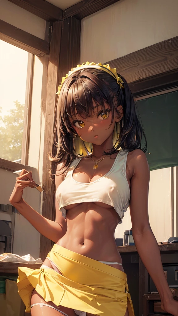 (masterpiece, highest quality, ultra high res, ultra detailed:1.3), 1 cute girl, ideal ratio body proportions, (dark-skinned Asian girl), gyaru, (yellow baggy tank top, green mini skirt:1.2), (showing off panties, white panties, lifting the skirt by self:1.4), cameltoe, shy look, (tank top covered nipples:1.3), in cute room, (dark skin, tanned skin:1.4), 