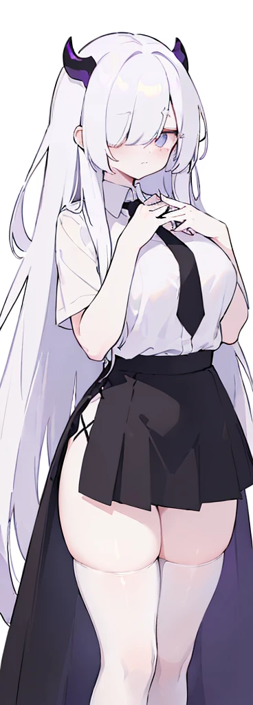 (((Long White hair))),White hair,kawai,(((Eyes visible from bangs,hair over eyes:1.3))),,Huge breasts,(purple color eyes),,(purple slanted eyes),1girl in,bangs,long White hair, pantyhose,Cowboy Shot,white background,Straight hair hair,(On both sides of the head has sharp black devil horns) ((head bowed pose)) Ter's hair flows straight down, has two sharp black horns (slant purple eyes) (((wearing a perfect white shirt))) white shirt sleeves should be folded to the elbows ((Don't wear any ties (wear a long black skirt, both sides of the skirt are split The other two sides of the skirt are split (showing her bare thighs) Long black skirt split at the thighs, perfect white shirt, no accessories like a tie (sexy body) Perfect hand pose , The skirt color focuses on black