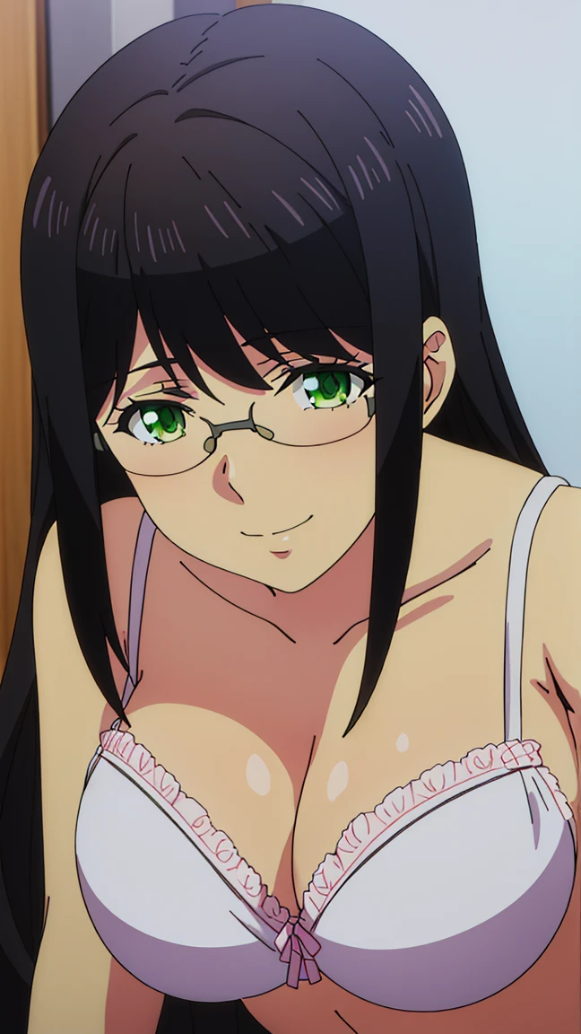 a woman standing, bra, sight smile, view at viewer,  white panties, 1woman, green eyes, big breast, glasses, adult woman, mature body, cleavage, (solo woman), anime style, high quality, detailed eyes, beautiful body 