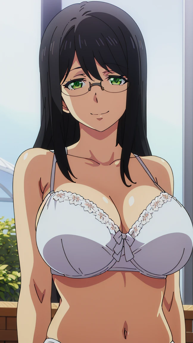 a woman standing, bra, sight smile, view at viewer,  white panties, 1woman, green eyes, big breast, glasses, adult woman, mature body, cleavage, (solo woman), anime style, high quality, detailed eyes, beautiful body 