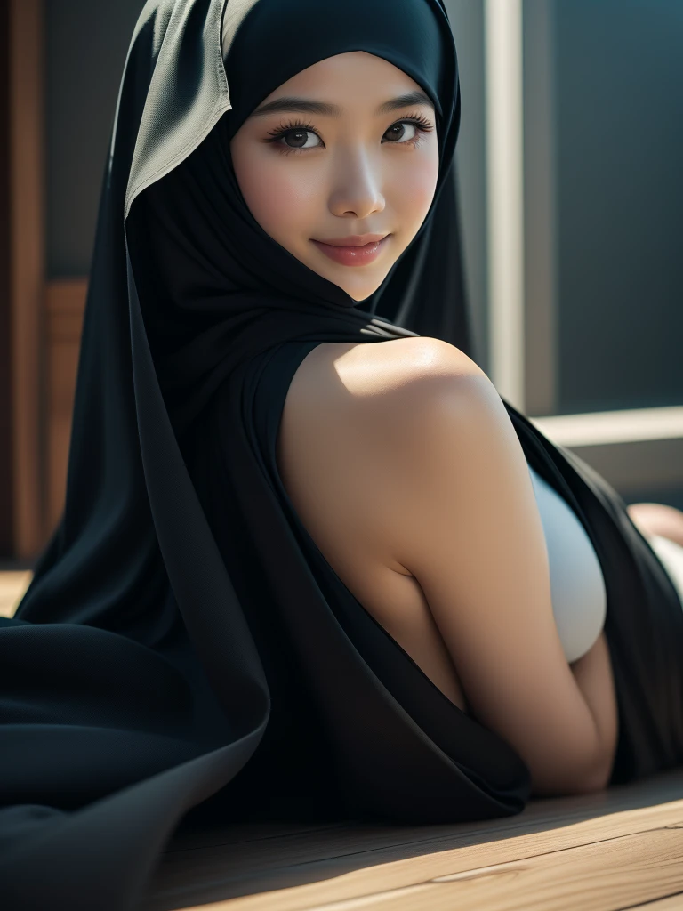 (bubble ass),(RAW photo, best quality), (realistic, photo-realistic:1.3), masterpiece, an extremely delicate and beautiful, asian girl, extremely detailed, CG, unity , 2k wallpaper, Amazing, finely detail, light smile, extremely detailed CG unity 8k wallpaper, huge file size, ultra-detailed, high res, soft light, 1girl, beautiful eyes, muslim woman, colorful, laying down, (thick girl), large beautiful breast, (full body), ((woman wearing a black Abaya and Khimar Hijab)), she is fat, 160cm, 70kg, exposed breast