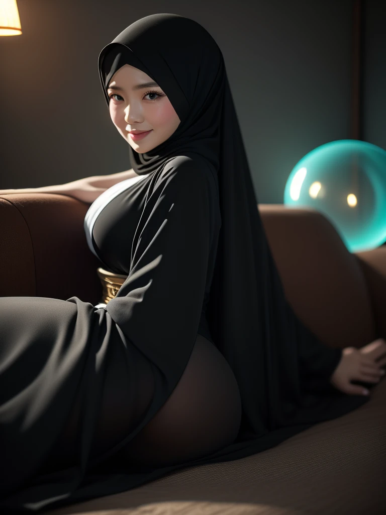 (bubble ass),(RAW photo, best quality), (realistic, photo-realistic:1.3), masterpiece, an extremely delicate and beautiful, asian girl, extremely detailed, CG, unity , 2k wallpaper, Amazing, finely detail, light smile, extremely detailed CG unity 8k wallpaper, huge file size, ultra-detailed, high res, soft light, 1girl, beautiful eyes, muslim woman, colorful, laying down, (thick girl), large beautiful breast, (full body), ((woman wearing a black Abaya and Khimar Hijab)), she is fat, 160cm, 70kg, exposed breast