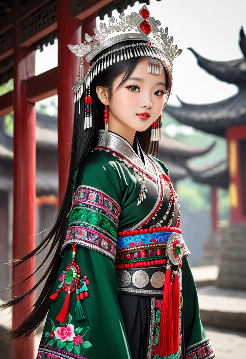 A young 18-year-old Chinese ethnic minority girl, with lustrous jet-black hair, wearing exquisite traditional Miao ethnic clothing, a magnificent silver crown adorned with ruby and emerald jewels ((centered)), 32K, highres
